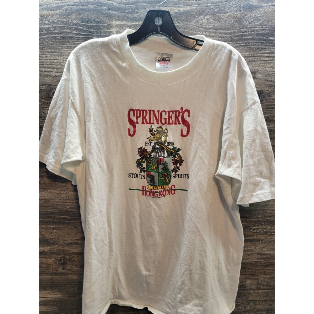 Vtg Oneita Tee Men's Size XL White Springers Pub Hong Kong Single Stitch 90s USA